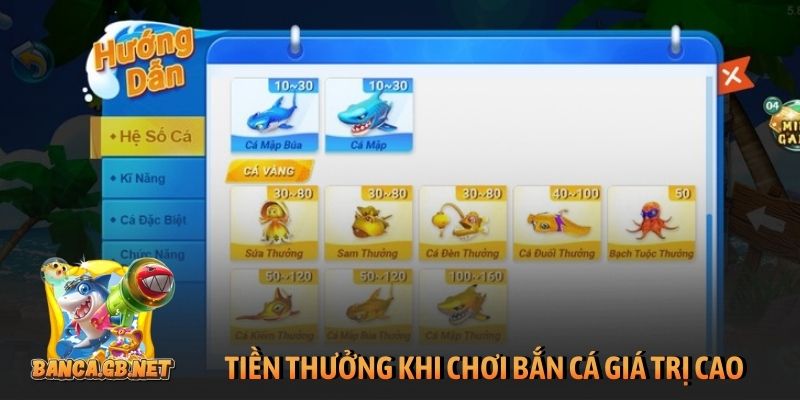 Tiền thưởng khi chơi bắn cá giá trị cao cực hấp dẫn